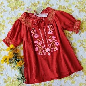 Vibrant Red Kids Blouse with Pink Embroidery